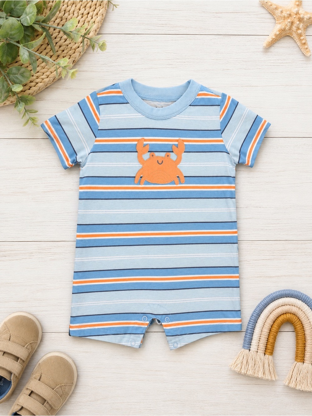 Carter's Light Blue & Orange Striped Crab Romper 6-9 Months Baby Boy